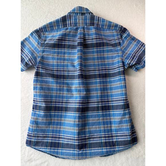 Ralph Lauren Men Short Sleeve Button Down Size Medium Blue Plaid Brown Pony - Picture 2 of 7